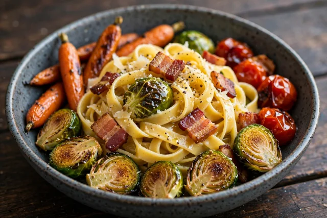 Brussels sprouts and bacon pasta with Parmesan and black pepper