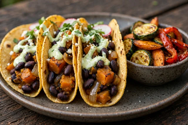 Pumpkin black bean tacos with cabbage, cilantro, and lime crema