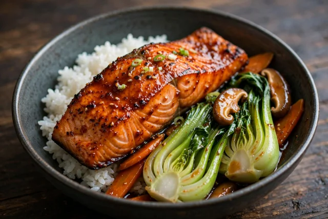 Gochujang glazed salmon with bok choy and sesame rice