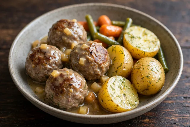 Swedish pork meatballs with cream gravy and dill potatoes