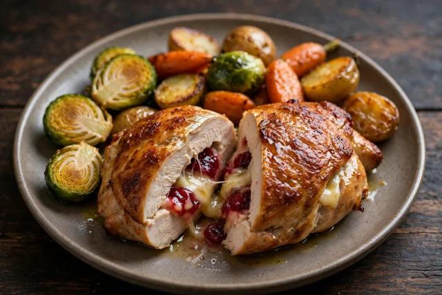 Cranberry brie stuffed chicken breasts sliced to show the soft filling