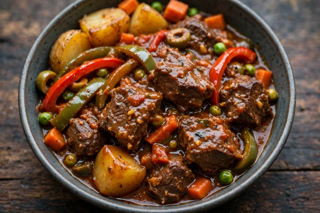 Filipino beef caldereta with potatoes, carrots, and bell peppers