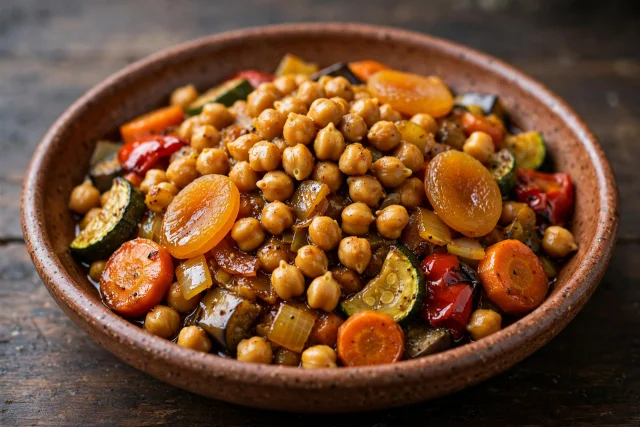 Moroccan chickpea and apricot tagine with almonds and couscous