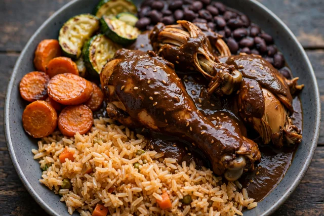 Mexican chicken mole with rice and a wedge of warm tortilla