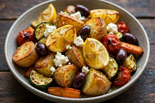 Greek lemon potatoes with feta, olives, and oregano