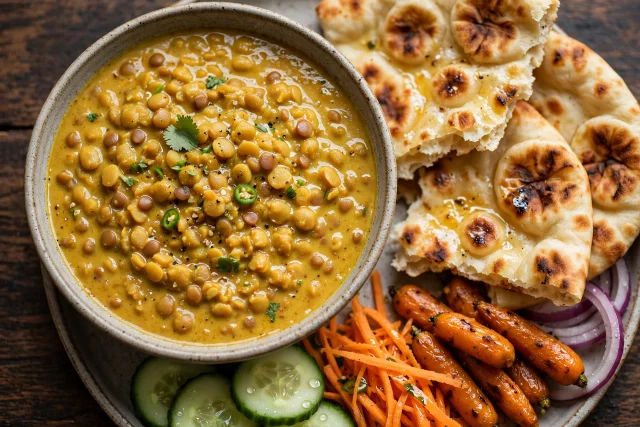 Indian coconut lentil curry with naan and fresh cilantro