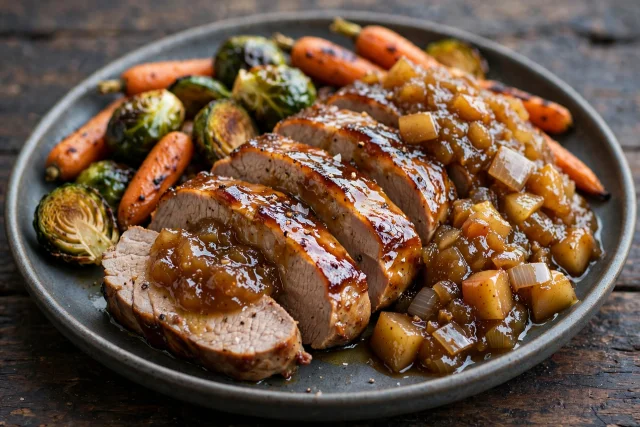 Maple glazed pork tenderloin with apple chutney and roasted potatoes
