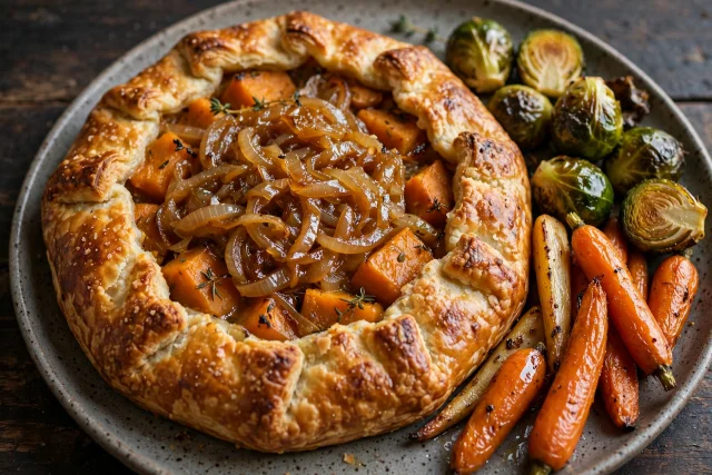 Savory pumpkin galette with caramelized onions and goat cheese