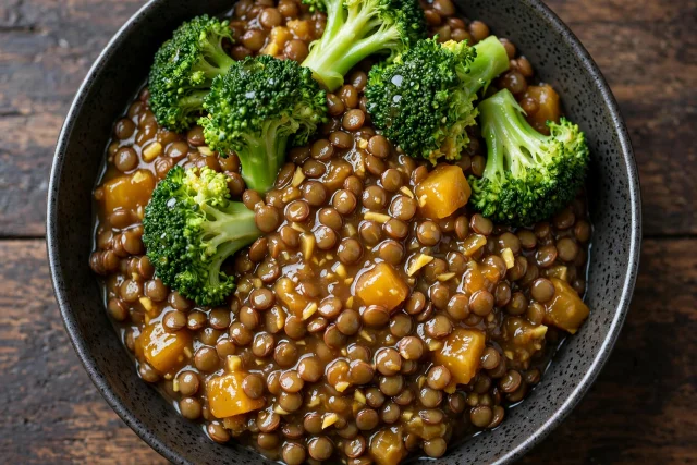 Sweet and sour lentils with broccoli