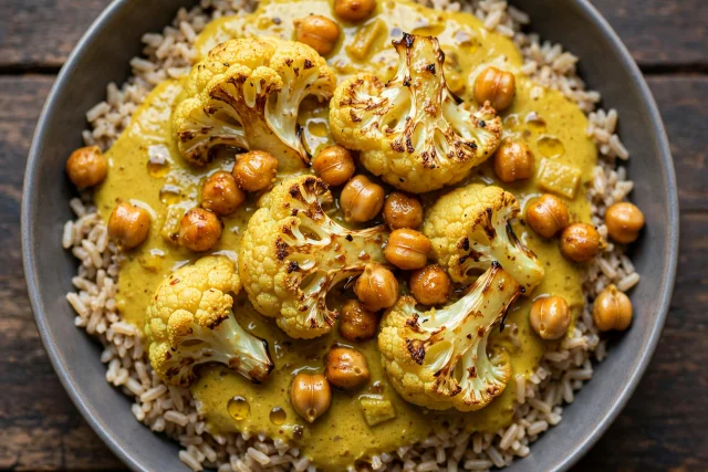 Cauliflower chickpea curry with rice