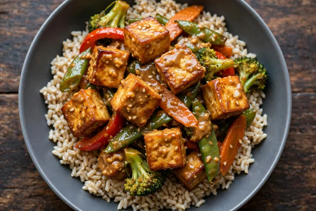 Peanut tofu stir fry with rice