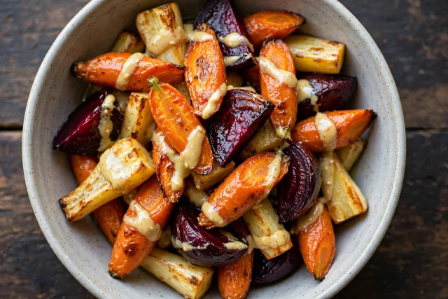 Roasted root vegetables with tahini