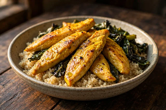 Peruvian aji turkey with quinoa and charred greens