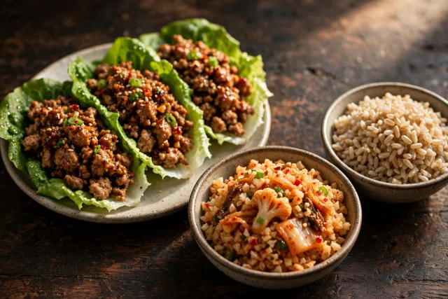 Korean turkey lettuce wraps with kimchi cauliflower rice