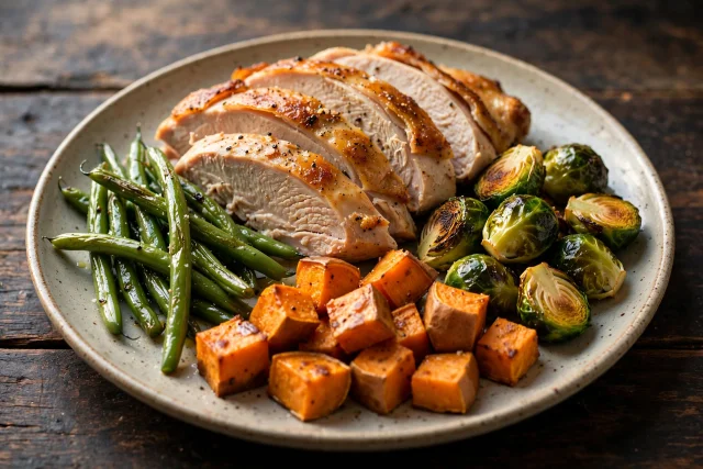 Balanced Thanksgiving feast plate with turkey and vegetables