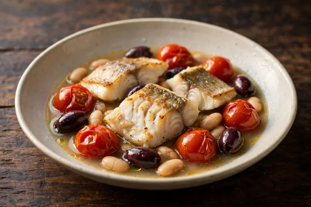 Italian white fish acqua pazza with cannellini beans