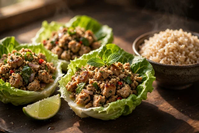 Thai turkey larb lettuce cups with brown rice