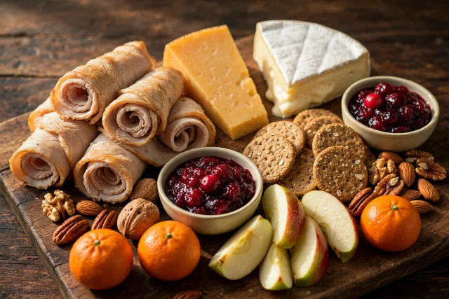 Diabetic friendly harvest board dinner with turkey and cheese