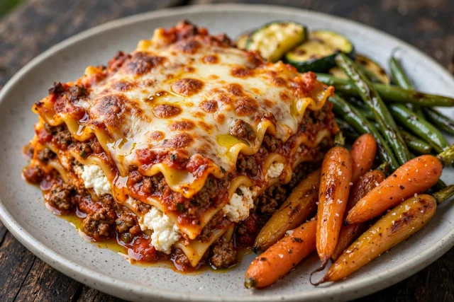 Classic beef lasagna slice with ricotta layers and marinara