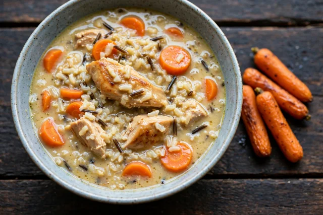 Chicken and wild rice soup with carrots in a white bowl