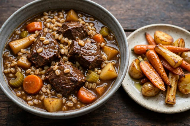 Hearty beef and barley stew with root vegetables