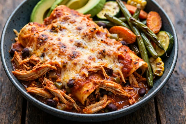 Chicken enchilada casserole slice with red sauce and melted cheese