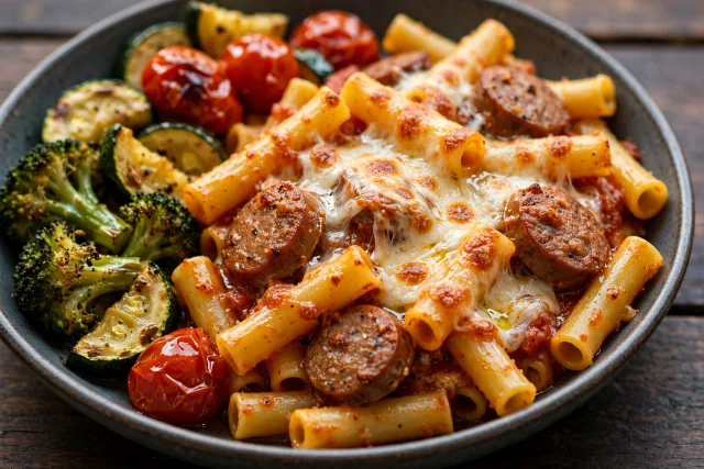 Baked ziti with sausage and mozzarella in a foil pan