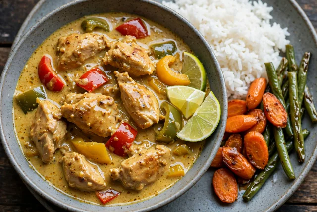 Coconut chicken curry with peppers and lime over jasmine rice