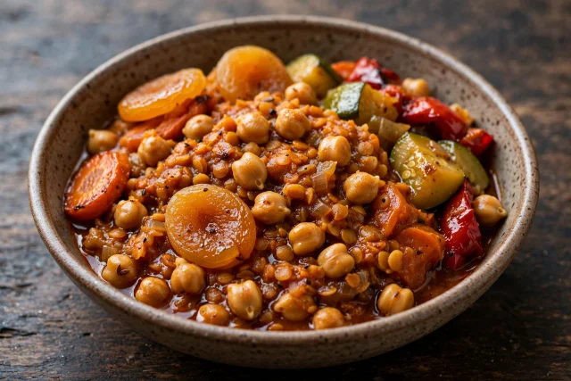 Moroccan red lentil stew with chickpeas and apricots