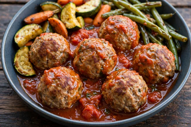 Italian turkey meatballs in tomato basil sauce over spaghetti