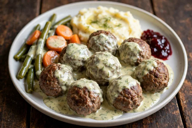 Swedish beef meatballs with creamy dill gravy and noodles