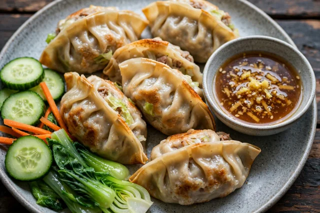 Pork and cabbage dumplings with ginger dipping sauce