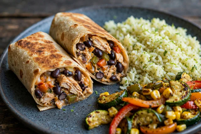 Chicken black bean burritos rolled with lime rice and salsa