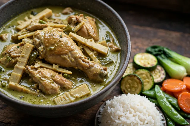 Thai green curry chicken with bamboo shoots and basil