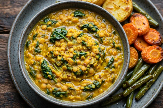 Indian red lentil dal with turmeric and spinach