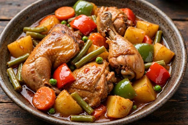 Filipino chicken afritada with peppers over steamed rice