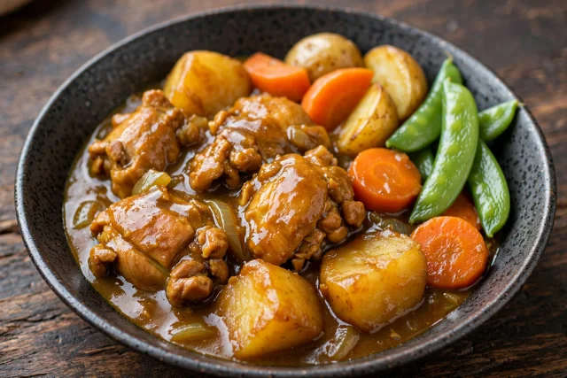 Mild Japanese chicken curry ladled over short grain rice