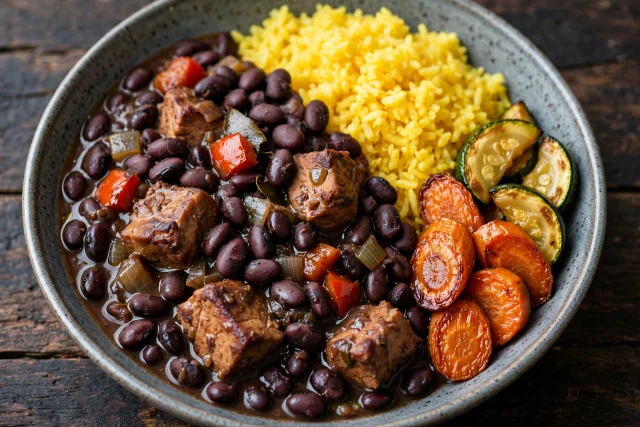 Cuban black bean stew with pork and yellow rice