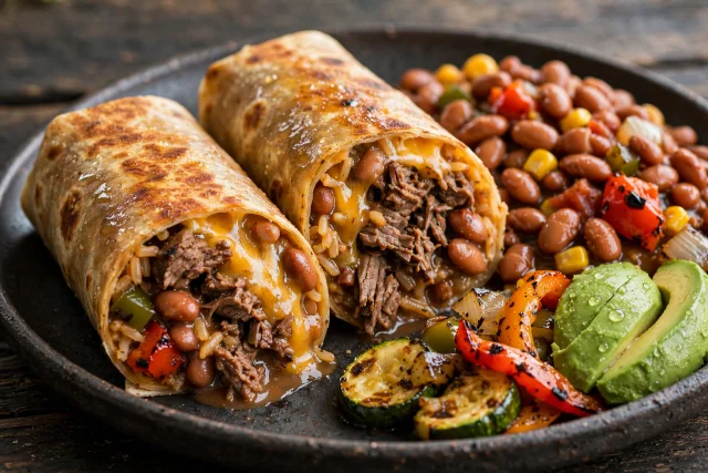 Smoky beef and pinto bean burritos with melted cheddar