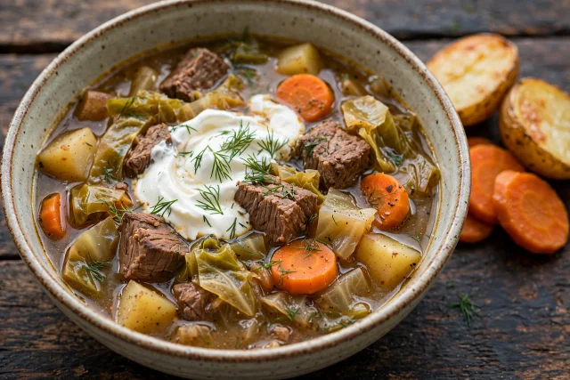 Beef cabbage soup with dill and sour cream swirl