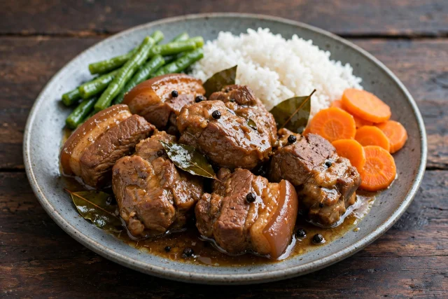 Filipino pork adobo with bay leaves over garlic rice
