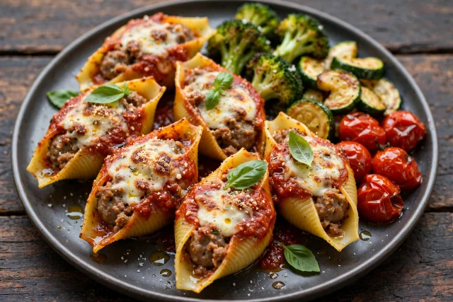 Italian sausage stuffed shells with marinara and basil