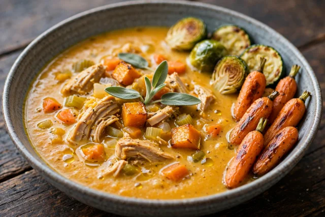 Creamy pumpkin and turkey soup with sage and pepitas