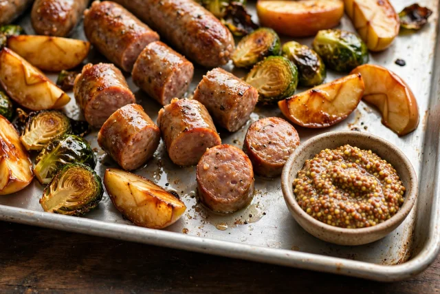 Turkey sausage sheet pan with apples and Brussels sprouts