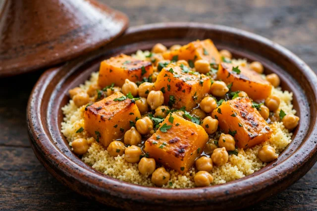 Pumpkin tagine with chickpeas over couscous