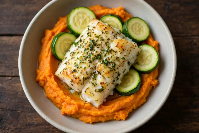 Herb baked cod with sweet potato