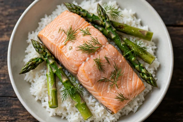 Poached salmon with dill and rice