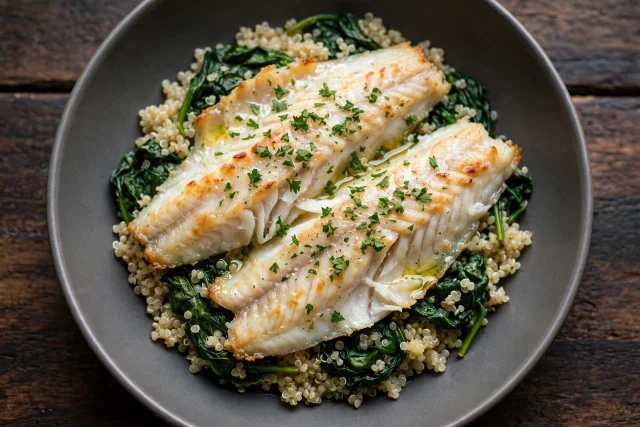 Baked sole with quinoa and spinach