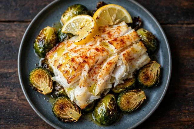 Baked cod with Brussels sprouts