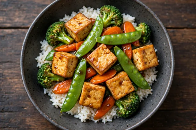 Tofu vegetable stir fry with rice